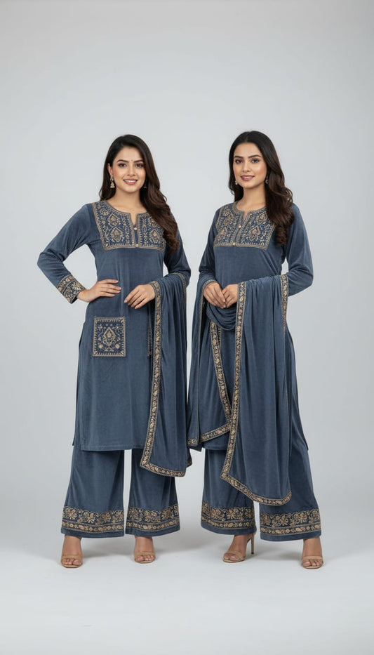 Grey Velvet Fully Stretchable Premium Cord Set(only XL size)