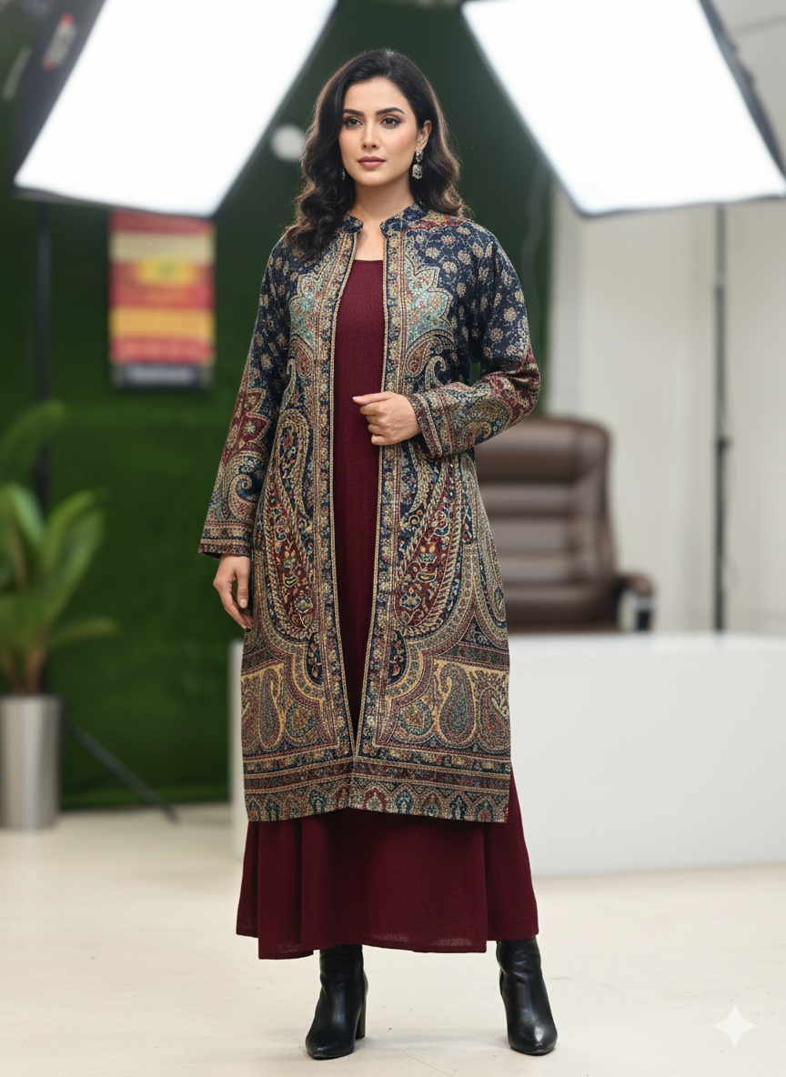 Maroon Premium Woolen  Long Length Coord Set With Heavy Shrug (Partywear)