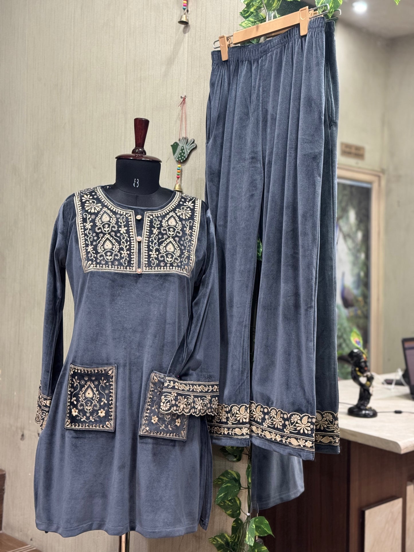 Grey Velvet Fully Stretchable Premium Cord Set(only XL size)