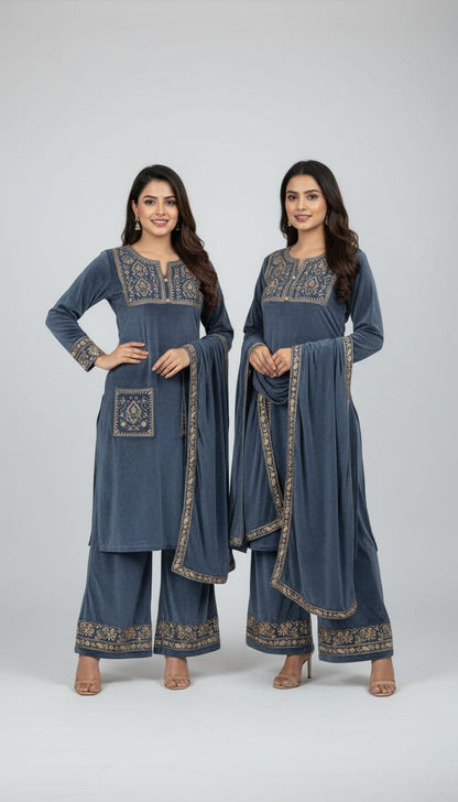 Grey Velvet Fully Stretchable Premium Cord Set(only XL size)